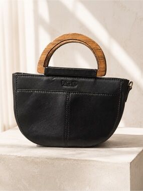 RACHEL Zoe Black Half-Moon Leather Tote with Wooden Handle